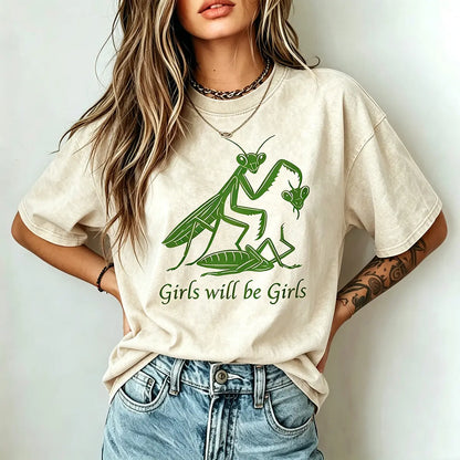 Mens Oversized Casual Graphic Tee - Unisex Vintage Washed 100% Soft Cotton Baggy Loose Top, Round Neck, Short Sleeve, "Girls Will Be Girls" Print, Mensfashion Retro Streetwear T-Shirt - View 2