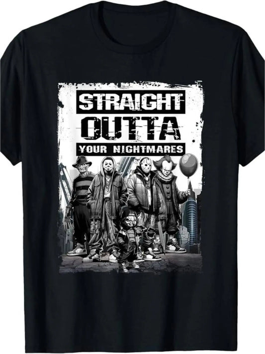Straight Outta Nightmares" Men's Vintage Horror Halloween T-Shirt - 100% Cotton Casual Round Neck gifts - View 1