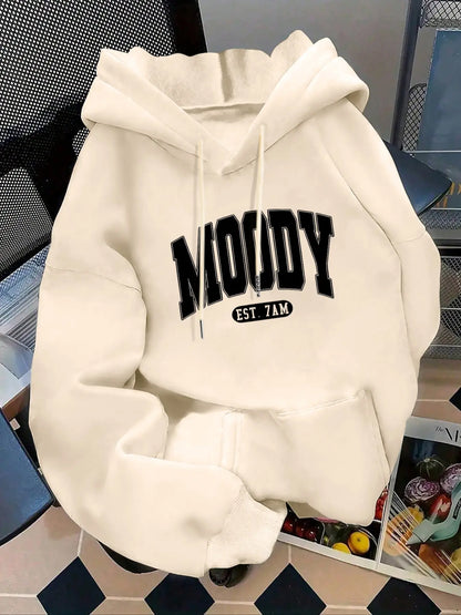 Women's Fashion Hoodie Moody Est 7amk Letter Print Kangaroo Pocket, Casual Long Sleeve Sweatshirt for Fall & Winter, Daily Wear, Casual Hooded Sweatshirts, Everyday - View 18