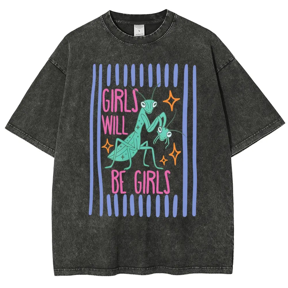 Men's Cotton Casual Unisex Menswear Top - Fitted Round Neck Washed Funny T-Shirt, Girls Will Be Girls Mantis Cartoon Print, Feminist Bug Design, Gift for Insect Lovers - View 9