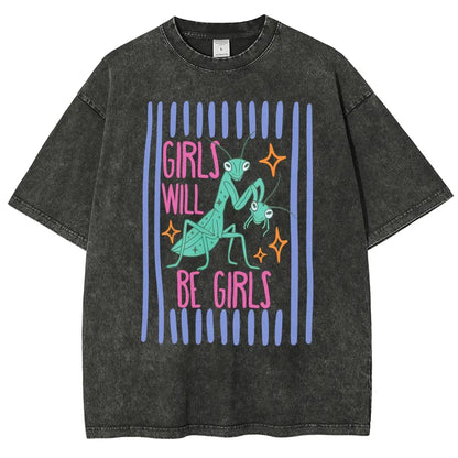 Men's Cotton Casual Unisex Menswear Top - Fitted Round Neck Washed Funny T-Shirt, Girls Will Be Girls Mantis Cartoon Print, Feminist Bug Design, Gift for Insect Lovers - View 9
