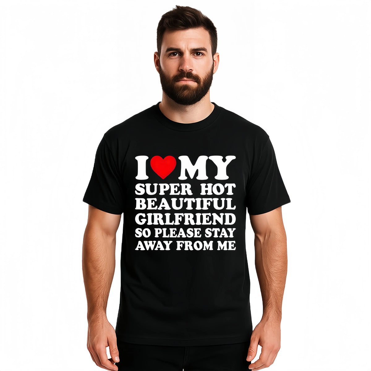 Men's Cotton Round Neck Short-Sleeve Graphic Tee - Casual Soft Men's Wear Top with Classic "I Love My Super Hot Girlfriend" Meme Print, Comfortable Male Clothing, Valentine's Day Mens Gifts for Outdoor Summer Use, Men's T Shirts, Meme Shirts - View 5