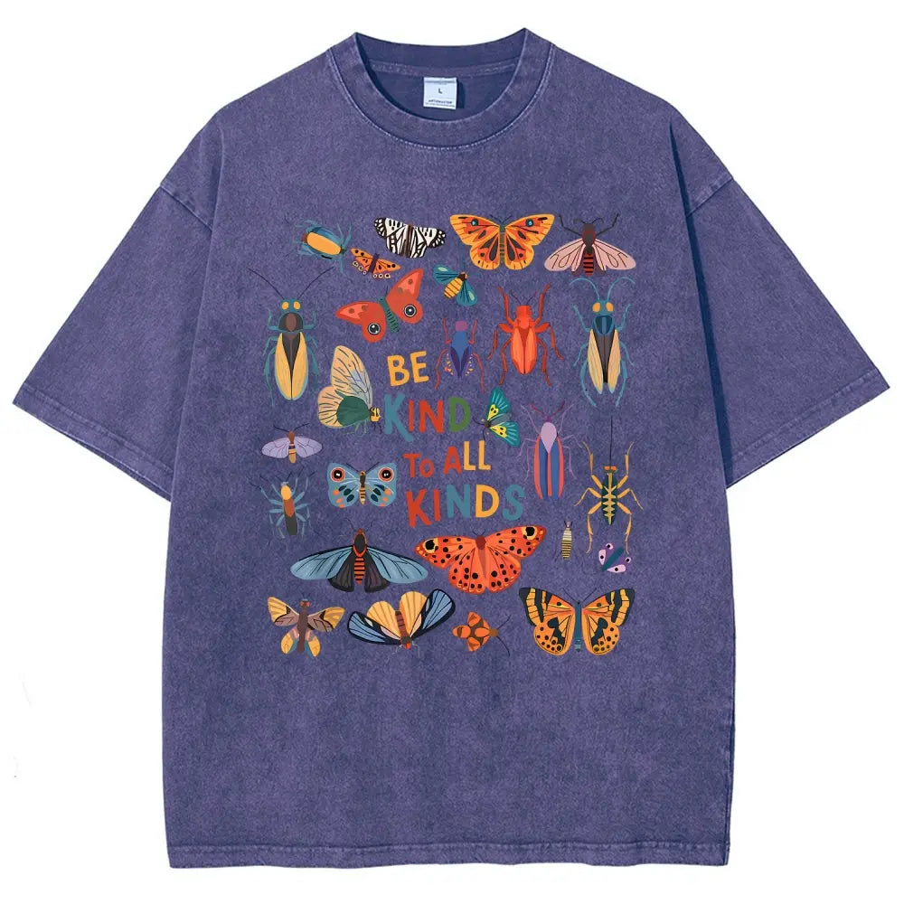 Men's Unisex Vintage 90s "Be Kind To All Kinds Insect Bugs" Graphic Top, Casual Fabric T-Shirt, Oversized Streetwear Vacation Outfit - View 1