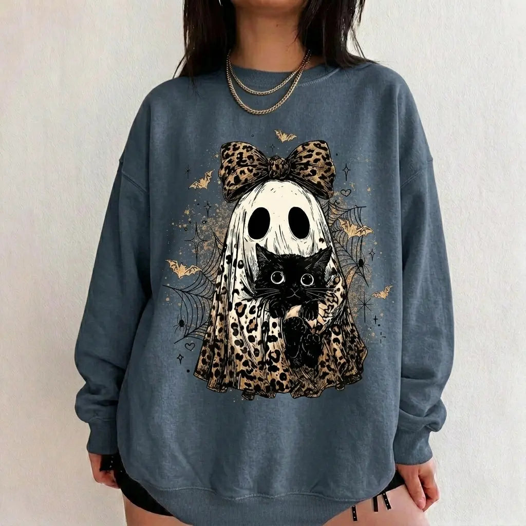 Leopard Ghost Cat Halloween Sweatshirt, Cute Spooky Black Cat Graphic Shirt, Coquette Bow Ghost Fall Outfit - View 12