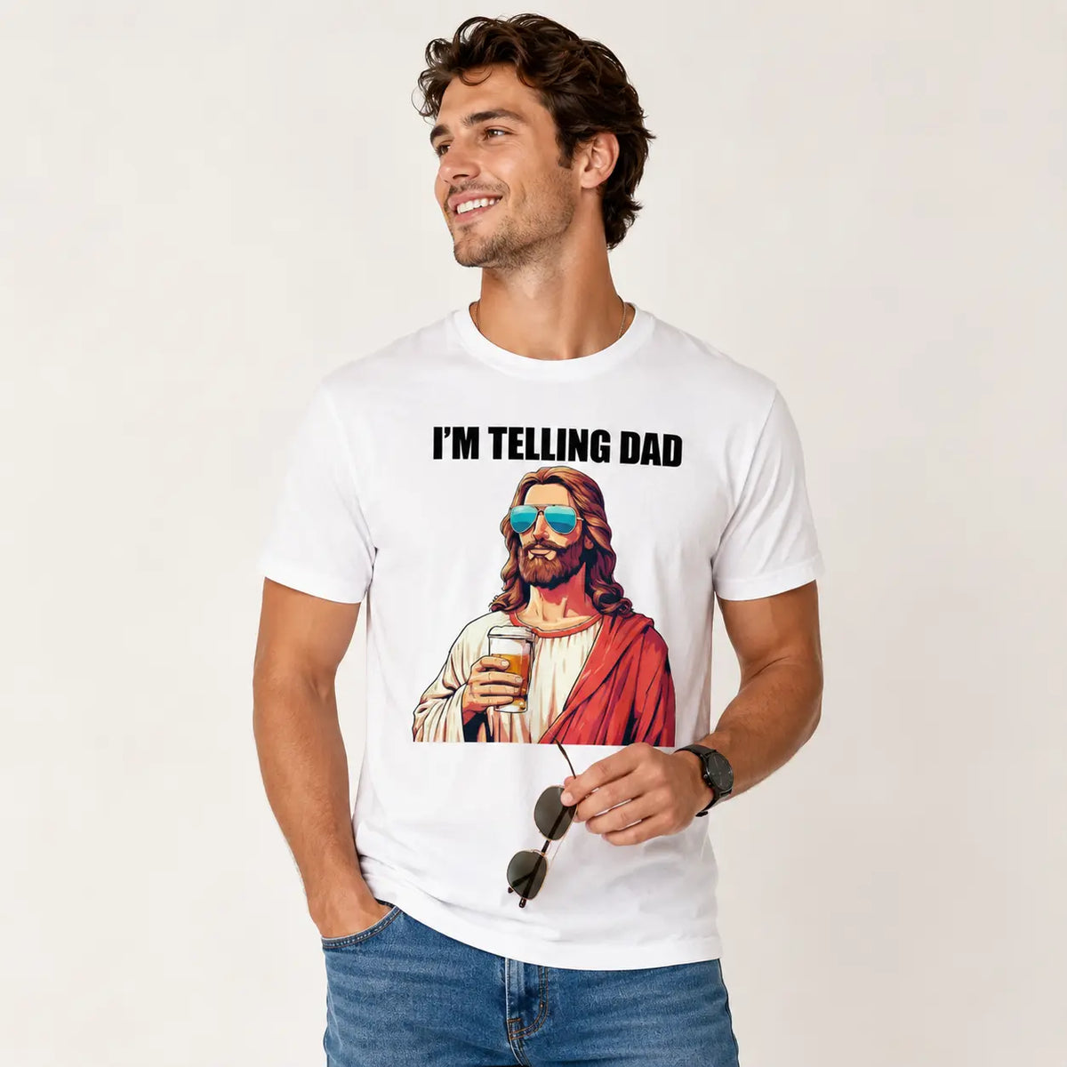 Kids' American Spirit Graphic T-Shirt - "I'm Telling Dad" Jesus Lovers Football Easter Apparel, Classic Crew Neck Short Tops, Casual Summer Fabric Tees for Party Festive Supplies - View 2