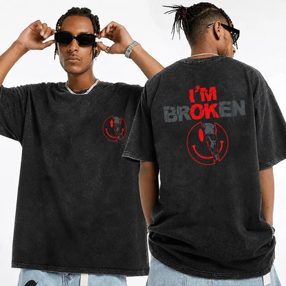 Unisex Cotton Graphic Round Neck Sweatshirt - 2-Sided 'I'm Broken' Smile Face Digital Print, Loose-Fitting T-Shirt, Long Sleeve Sporty Chic Garment, Customized All-Season Casual Streetwear, Machine Washable - View 12