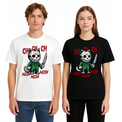 MEOW Scary Cat Print Short Sleeve Unisex Oversized Gothic Y2K Halloween Gift Soft Cotton Loose Fit Casual Top - View 3