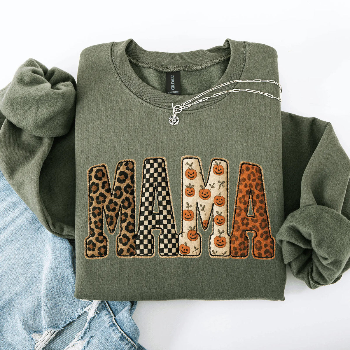 Mama, Printed Halloween Pattern, Leopard Print, Checkered, Pumpkin Sweatshirt, Spooky, Witch, Pumpkin, Halloween, Crew Neck, Women's, Crewneck - View 9