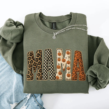 Mama, Printed Halloween Pattern, Leopard Print, Checkered, Pumpkin Sweatshirt, Spooky, Witch, Pumpkin, Halloween, Crew Neck, Women's, Crewneck - View 2