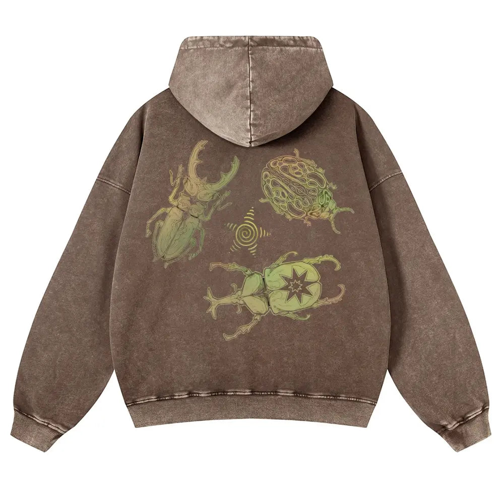 Men's Vintage Washed Oversized Long Sleeve Hoodie - Thick Cotton Blend Psychedelic Beetle Graphic Pullover, Plus Size Vintage Casual Streetwear Clothing for Jeans Pairing - View 5