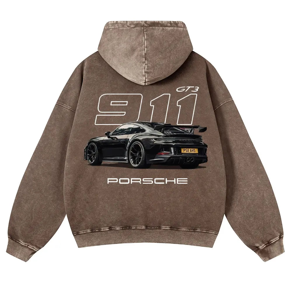 Men's 380g Thick Cotton Hoodie - 911 GT3 Graphic, Vintage Washed, Retro Fade Craft, Long-Sleeves, Unisex Pullover Tops, Soft Fabric, Street Wear Menswear Sweatshirts, Casual Warm - View 6