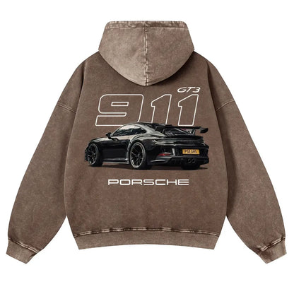 Men's 380g Thick Cotton Hoodie - 911 GT3 Graphic, Vintage Washed, Retro Fade Craft, Long-Sleeves, Unisex Pullover Tops, Soft Fabric, Street Wear Menswear Sweatshirts, Casual Warm - View 6