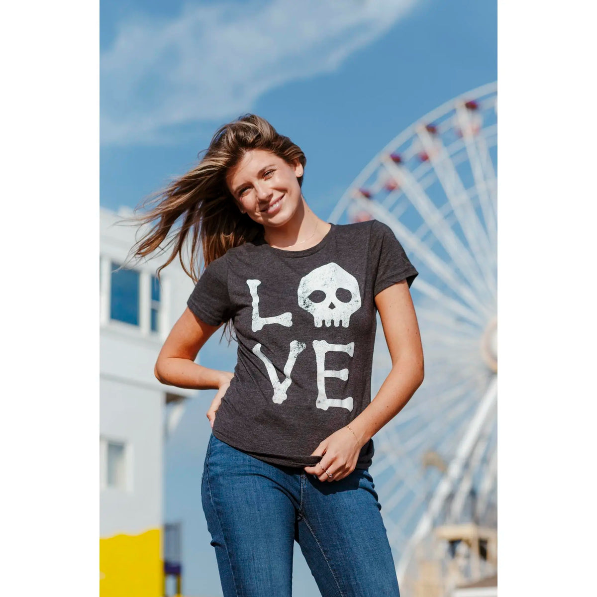 Womens Love Skull T Shirt Funny Skeleton Bones Halloween Party Graphic Tee Funny Womens T Shirts Cute Vintage Fashion Casual Ladies T-Shirt Gift Halloween Tops for Women Women's Novelty Tees Black - View 3