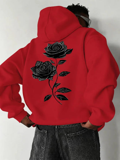 Oversized Drawstring Hoodie with Pocket, Dual Vintage Black Rose Line-Art Prints on the Chest and Back, Soft Long-Sleeve Gothic Streetwear Sweatshirt #RosePrintHoodie #GothicStreetwear #DarkAestheticTop #DualPrintHoodie - View 2