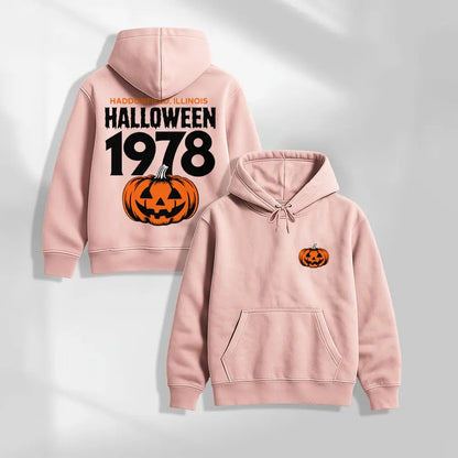Unisex Vintage Halloween Pumpkin Graphic Hoodie, 1978 Spooky Front and Back Print Pullover Sweatshirt, Casual Oversized Long Sleeve Streetwear Hoodie for Halloween Party, Fall and Daily Wear - View 13