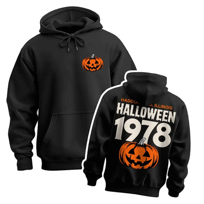 Unisex Vintage Halloween Pumpkin Graphic Hoodie, 1978 Spooky Front and Back Print Pullover Sweatshirt, Casual Oversized Long Sleeve Streetwear Hoodie for Halloween Party, Fall and Daily Wear - View 1