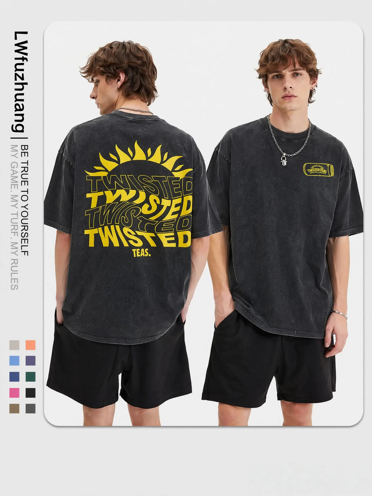 Vintage-Inspired Twisted Tea Cotton Short-Sleeve Tshirt - ,Double-Sided Print, Drop Shoulder Sleeves, 230g Thick High-Quality Fabric, Round Neck, Casual Streetwear Top - View 2