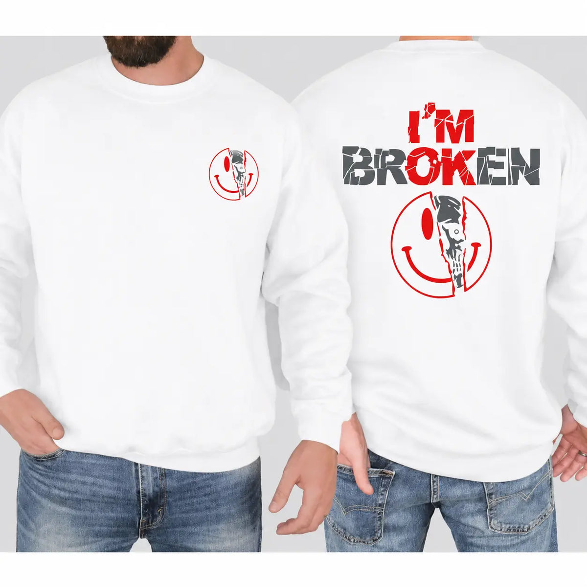 Unisex Cotton Graphic Round Neck Sweatshirt - 2-Sided 'I'm Broken' Smile Face Digital Print, Loose-Fitting T-Shirt, Long Sleeve Sporty Chic Garment, Customized All-Season Casual Streetwear, Machine Washable - View 14