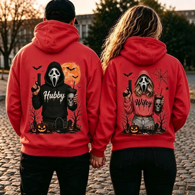 [A piece of clothing]Hubby Wifey Halloween Spooky Season Couple Matching Hoodies Casual Street Style Fleece Fabric Pullover Hooded Sweatshirt Tops Trendy for Women for Men - View 11