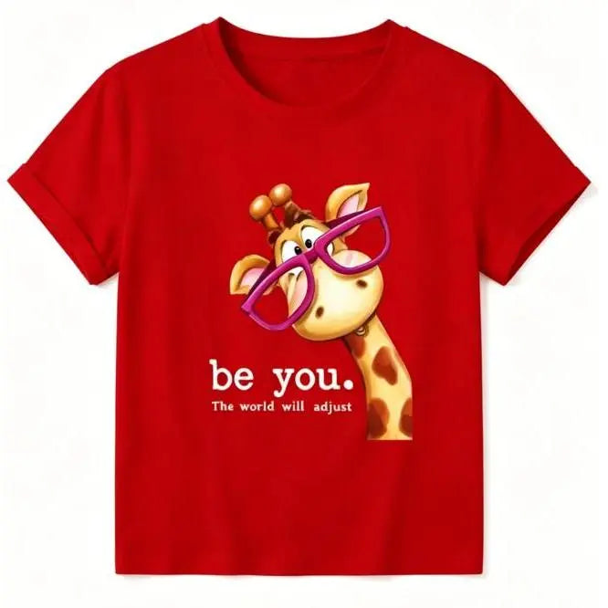 Lady's Unisex Everyday Shortleeve T-Shirt - Cartoon Giraffe with Exaggerated Pink Frame Glasses Print, Crew Neck, Versatile Vintage Fabric Top for Commute, Vacation (Spring/Summer/Fall) #SummerVibes Womenswear, Shortsleeve - View 2