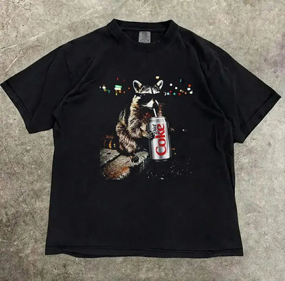 Three Raccoons Diet Coke Comfort Colors T-Shirt with a funny Gen Z dank meme vibe, trendy cotton streetwear top and playful graphic gift for men and women alike. - View 3