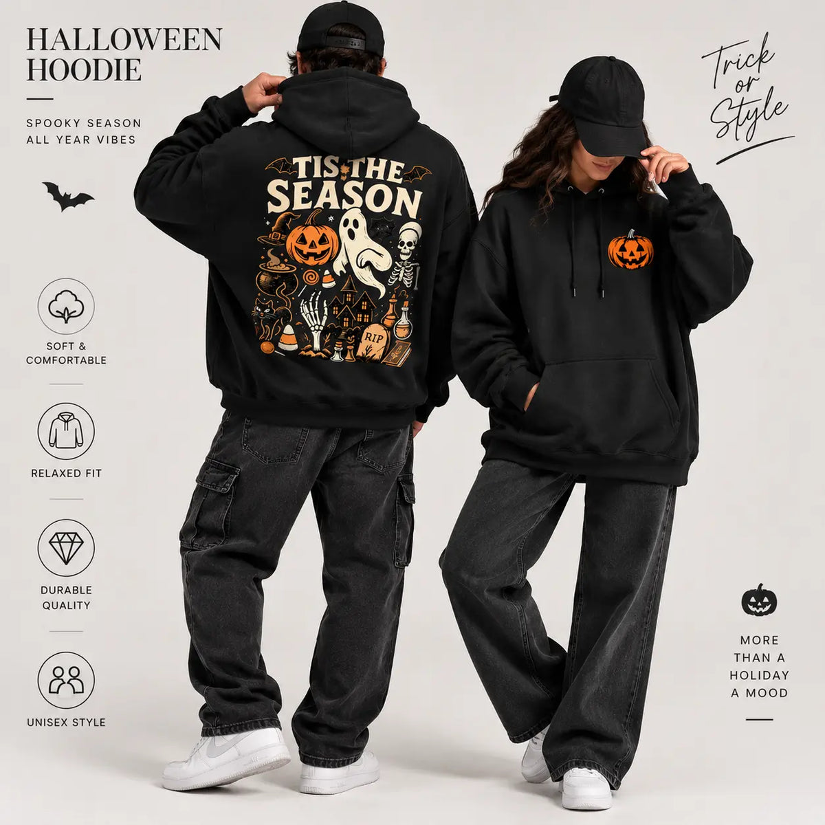 Halloween Spooky Season Graphic Hoodie, Pumpkin Ghost Skeleton Front and Back Print Pullover Sweatshirt, Vintage Horror Long Sleeve Streetwear Hoodie for Halloween Party, Fall and Daily Wear - View 2