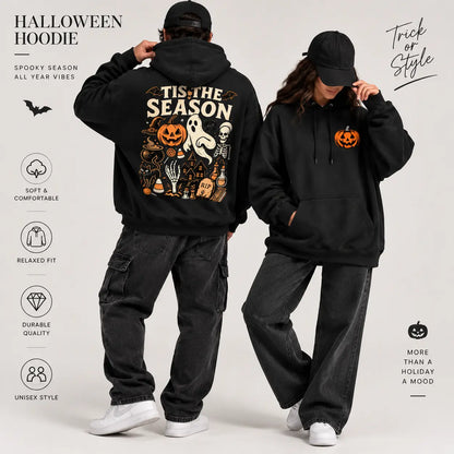 Halloween Spooky Season Graphic Hoodie, Pumpkin Ghost Skeleton Front and Back Print Pullover Sweatshirt, Vintage Horror Long Sleeve Streetwear Hoodie for Halloween Party, Fall and Daily Wear - View 2
