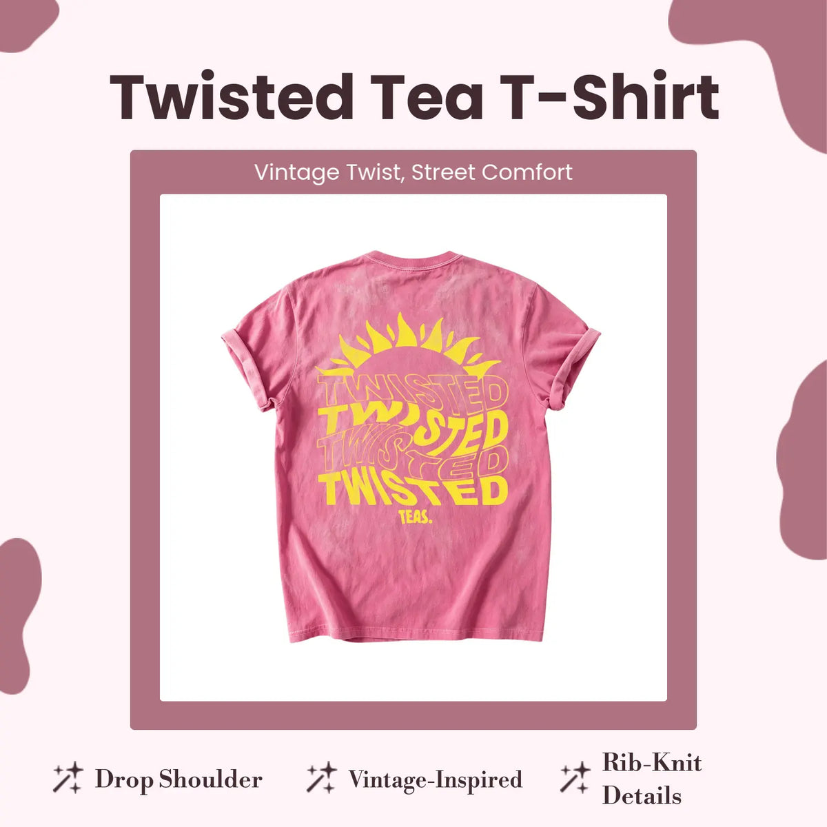 Vintage-Inspired Twisted Tea Cotton Short-Sleeve Tshirt - ,Double-Sided Print, Drop Shoulder Sleeves, 230g Thick High-Quality Fabric, Round Neck, Casual Streetwear Top - View 8