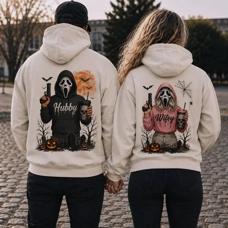 [A piece of clothing]Hubby Wifey Halloween Spooky Season Couple Matching Hoodies Casual Street Style Fleece Fabric Pullover Hooded Sweatshirt Tops Trendy for Women for Men - View 3