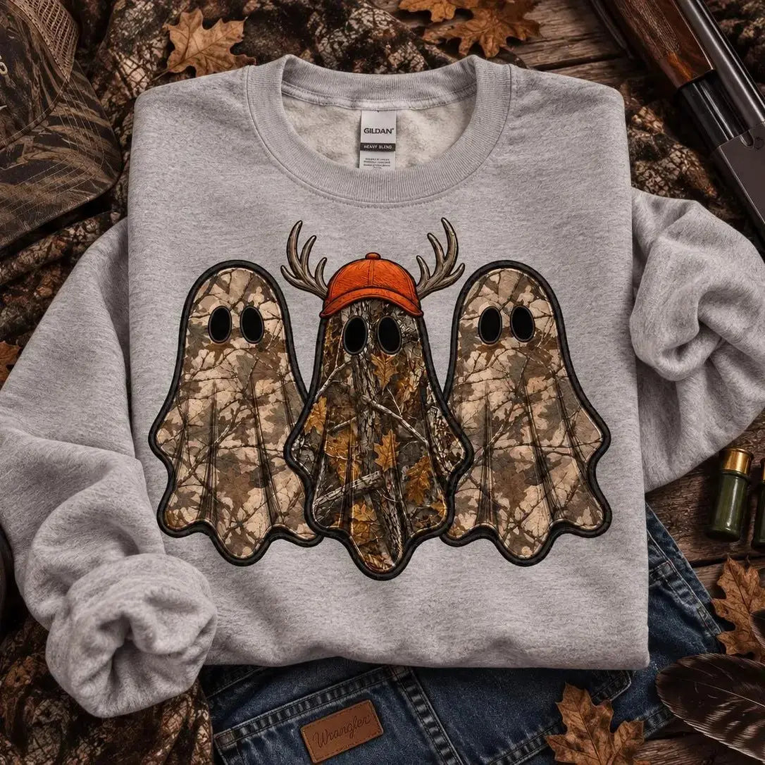 Retro Ghost Hunting Halloween Sweatshirt, Spooky Camo Graphic Pullover Vintage Ghost Hunter Crewneck Fall Fleece Top Cute Halloween Gift for Women - View 3