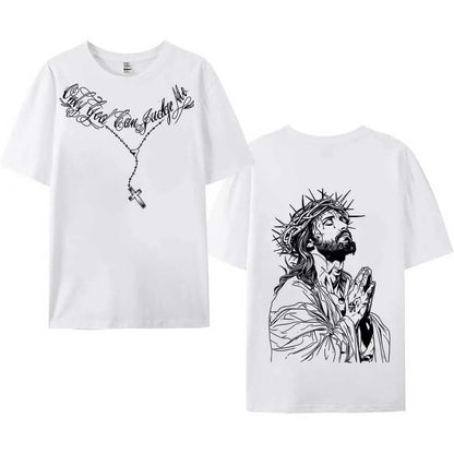 Men's Vintage Washed Oversized Round Neck Cotton T-Shirt - Bold Jesus Graphic, Distressed Christian Clothing, Basic Faith-Based Fashion, Casual Short-Sleeve Holiday Summer Top - View 10