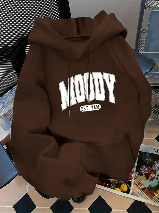 Women's Fashion Hoodie Moody Est 7amk Letter Print Kangaroo Pocket, Casual Long Sleeve Sweatshirt for Fall & Winter, Daily Wear, Casual Hooded Sweatshirts, Everyday - View 1