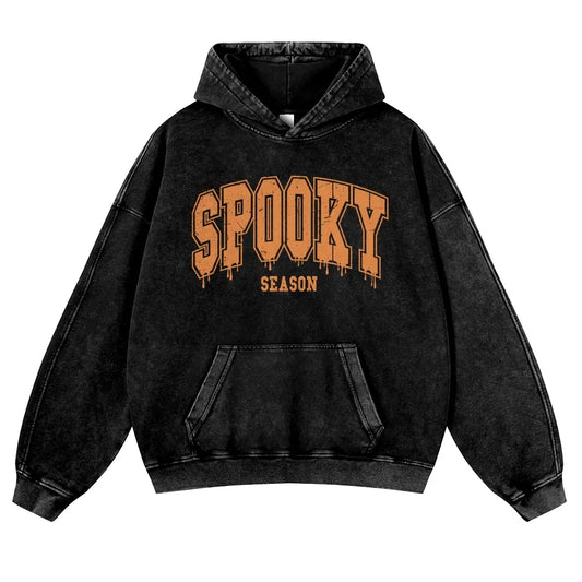 Menswear Hoodie - Unisex 380g Vintage Washed DTG Print Tops, Soft Longsleeves, Spring Fall Halloween Aesthetic, Orange Drip Texture, Spooky Season Varsity Letter Front Print, Casual Oversize Pullover, Jeans-Coordinating Durable Thick Fabric, Fit - View 1