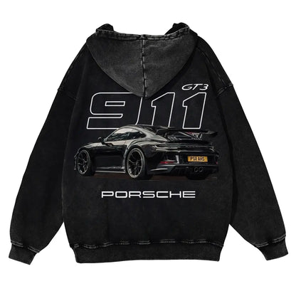 Men's 380g Thick Cotton Hoodie - 911 GT3 Graphic, Vintage Washed, Retro Fade Craft, Long-Sleeves, Unisex Pullover Tops, Soft Fabric, Street Wear Menswear Sweatshirts, Casual Warm - View 1