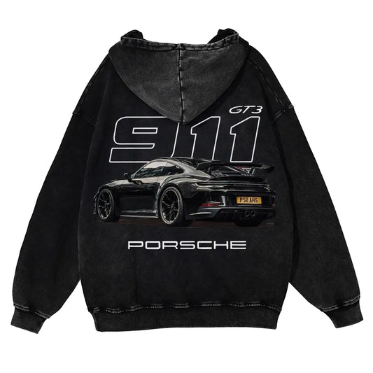 Men's 380g Thick Cotton Hoodie - 911 GT3 Graphic, Vintage Washed, Retro Fade Craft, Long-Sleeves, Unisex Pullover Tops, Soft Fabric, Street Wear Menswear Sweatshirts, Casual Warm - View 1