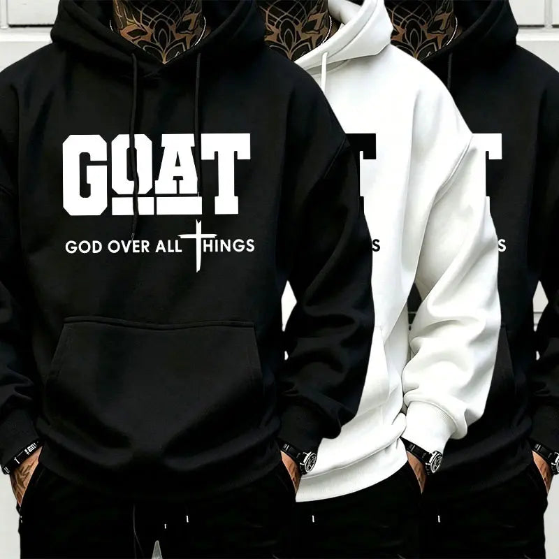 Men’s Stylish Black Hooded Sweatshirt (1 Piece) - Menswear Top, Goat-Inspired Letter Print, Plain Basics, Drop Shoulder Relaxed Fit, Drawstring Hood, Front Kangaroo Pocket, Soft Fabric, American Trend Long-Sleeve Pullover, Joggers Compatible - View 6