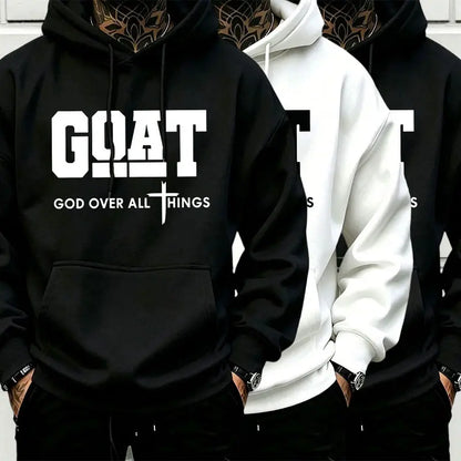 Men’s Stylish Black Hooded Sweatshirt (1 Piece) - Menswear Top, Goat-Inspired Letter Print, Plain Basics, Drop Shoulder Relaxed Fit, Drawstring Hood, Front Kangaroo Pocket, Soft Fabric, American Trend Long-Sleeve Pullover, Joggers Compatible - View 6