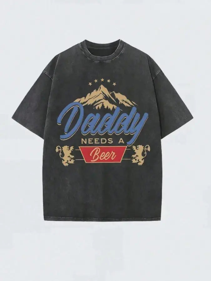 Men’s 230G Heavyweight Cotton Vintage Crew Neck Tee - Boxy Slim-Fitting Short-Sleeve, Digital Print Retro Humor "Daddy Needs A Beer", Soft Breathable Oversized Streetwear, Father’s Day Gift, Menswear Tops - View 1