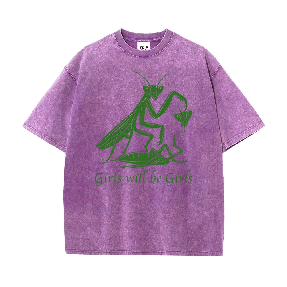 Mens Oversized Casual Graphic Tee - Unisex Vintage Washed 100% Soft Cotton Baggy Loose Top, Round Neck, Short Sleeve, "Girls Will Be Girls" Print, Mensfashion Retro Streetwear T-Shirt - View 13