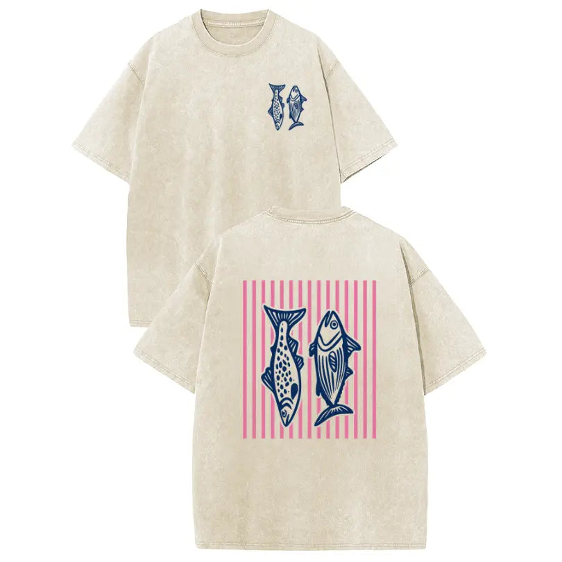 Holafish Pure Cotton Crewneck Acid Washed T-Shirt Retro Acid Wash Pink Striped Dual-Side Fish Graphic Printed Unisex Fashion Tees summervibes Casual Top - View 2