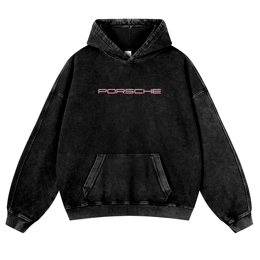Men's Berry Pink 380g Autumn Vintage GT3 RS Washed Graphic Hoodie, 911 Pull-On Sweatshirt for Casual OOTD & Outfit Inspiration - View 9