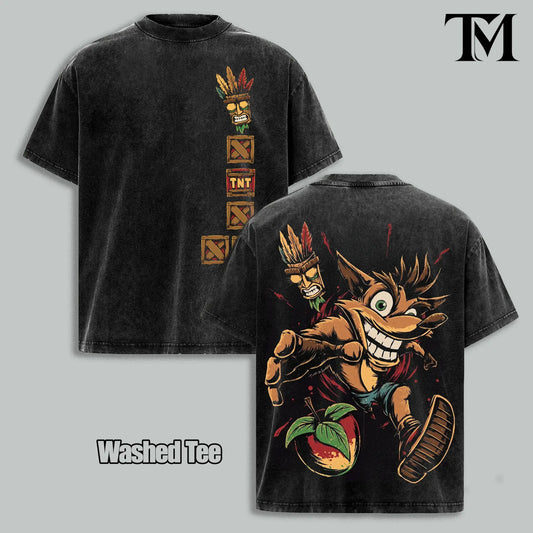 Men's Vintage 90s Crash Bandicoot Oversized Heavy Cotton Shortsleeve Tee - Aku Aku Mask Cartoon Print, Trendy Graphic Shirts, Retro Platform Game Streetwear, All Season Top for Gaming Fans - View 1