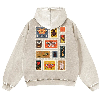 Unisex 380g Washed Brown Vintage Insect Stamp Print Cotton Pullover Hoodie - Soft, Oversize, Casual Longsleeves Tops, Vintage Clothing, 3XL Menswear Autumn Apparel, Cold Wash Compatible - View 4