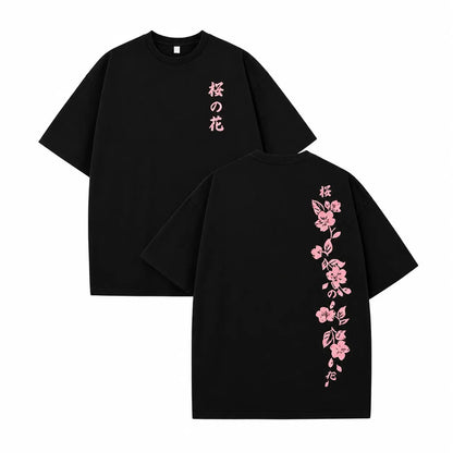 Men's Crew Neck Graphic Tee - Unisex 230g Premium Soft Cotton Vintage Striped Tie-Dye Short-Sleeve, Chic Preppy Retro Streetwear, Double-Sided HD Japanese Cherry Blossom Print, Skin-Friendly Breathable Oversized Black Flora Thanksgiving Gift - View 1