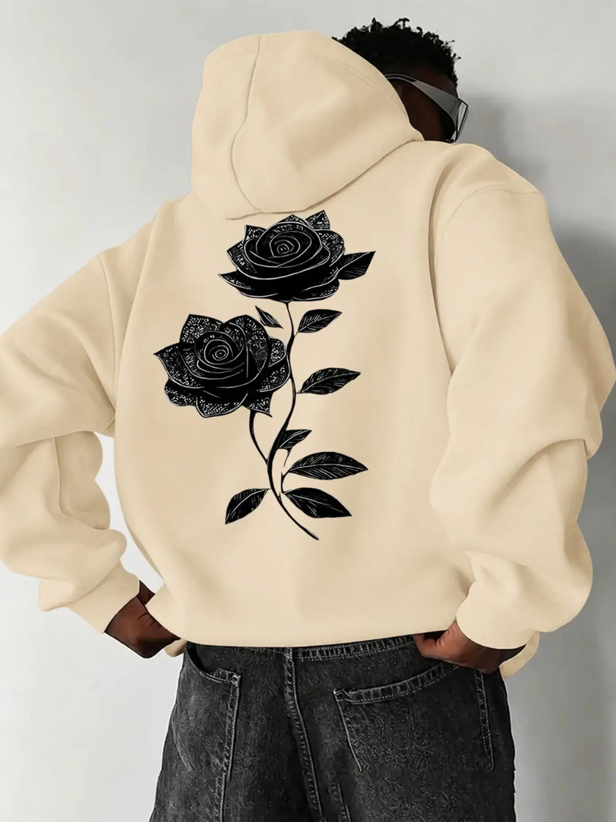 Oversized Drawstring Hoodie with Pocket, Dual Vintage Black Rose Line-Art Prints on the Chest and Back, Soft Long-Sleeve Gothic Streetwear Sweatshirt #RosePrintHoodie #GothicStreetwear #DarkAestheticTop #DualPrintHoodie - View 13