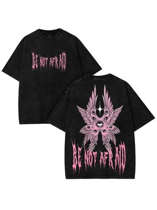 Back to School Men's Gothic Unisex Short-Sleeve 100% Cotton T-Shirt, 'Be Not Afraid' Printed Wings, Loose Distressed Baggy Oversized Casual Menswear, Alt Clothes Retro Streetwear Top, Whimsical Festive Father's Day Pick, Tshirt, Shortsleeve - View 1