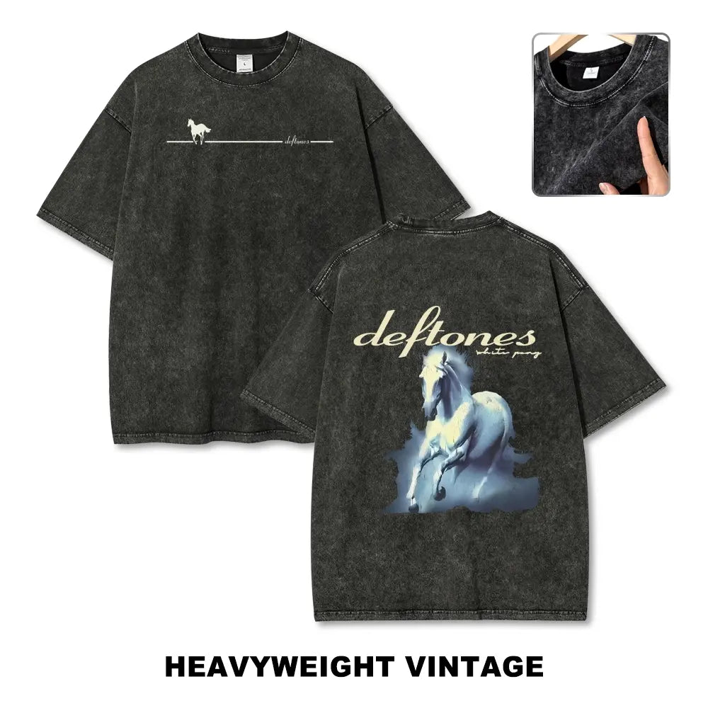Unisex Retro Limited Vintage Washed T-Shirt, Rock with WHITE PONY Oversized Size Heavy Washed Cotton Tee, 90s Grunge Gothic Punk Y2K Rock Merch - View 1