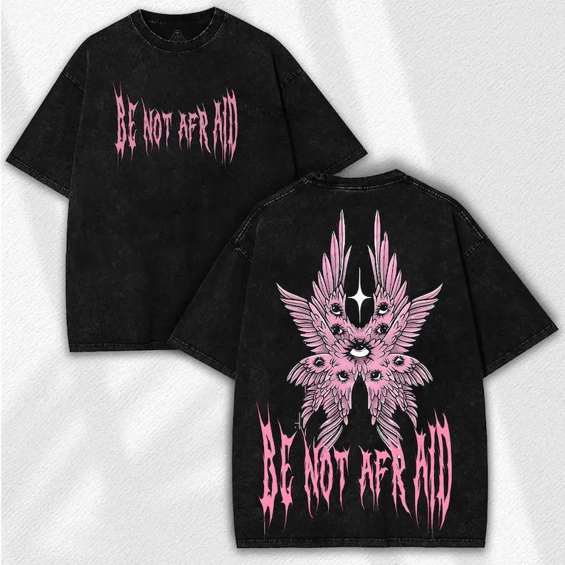 Back to School Men's Gothic Unisex Short-Sleeve 100% Cotton T-Shirt, 'Be Not Afraid' Printed Wings, Loose Distressed Baggy Oversized Casual Menswear, Alt Clothes Retro Streetwear Top, Whimsical Festive Father's Day Pick, Tshirt, Shortsleeve - View 10