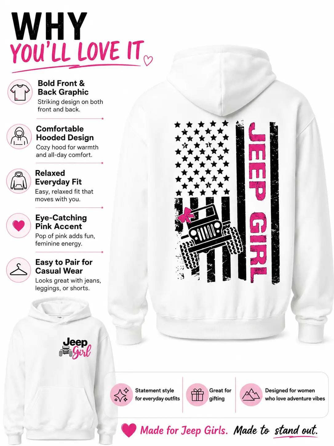 Women's Jeep Graphic Hoodie - Cute Off-Road American Flag Design, Fleece-Cotton Polyester Yarn Fabric, Ribbed Casual Street Style Pullover, Everyday Matching Unisex Trendy Top for Back to School Shopping - View 3
