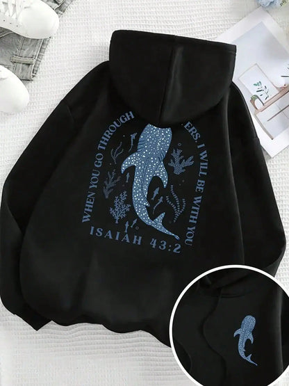 When You Go Through Waters I Will Be With You Double Print Hoodie, 270G Brushed Fleece Whale Shark Isaiah 43:2 Ocean Christian Hooded Sweatshirt, Religious Nature Aesthetic Casual Pullover For Men Women - View 1